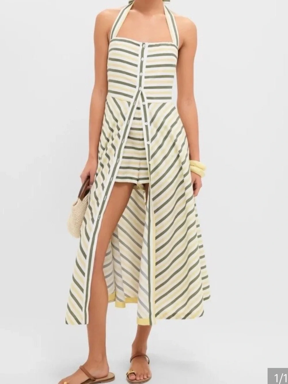Tuckernuck Green Yellow Stripe Halter Button Down Mirabel Dress + Shorts Set NEW